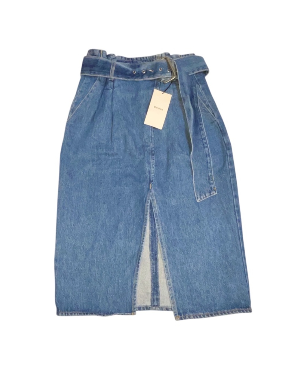 New Bershka Skirt Woman’s Size 2 Denim Jean High Rise Belted Pockets Medium Wash